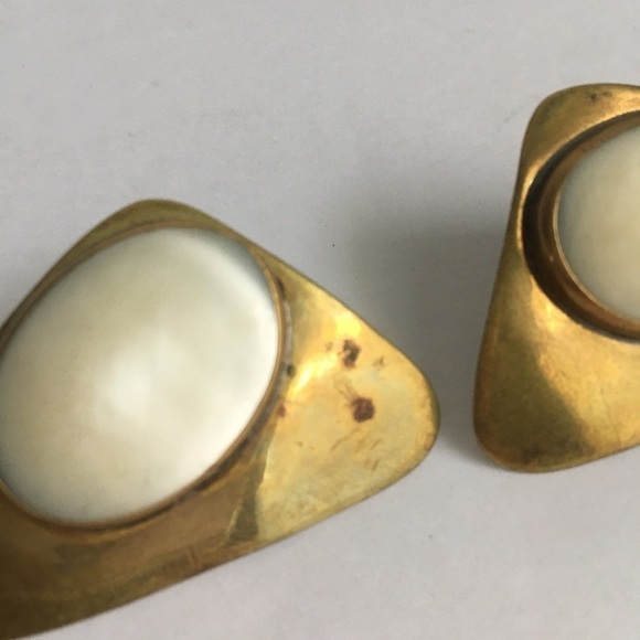 Vintage Modernist Earrings Brass Audrey Schenk Sculptural Maximalist Designer - Picture 5 of 8